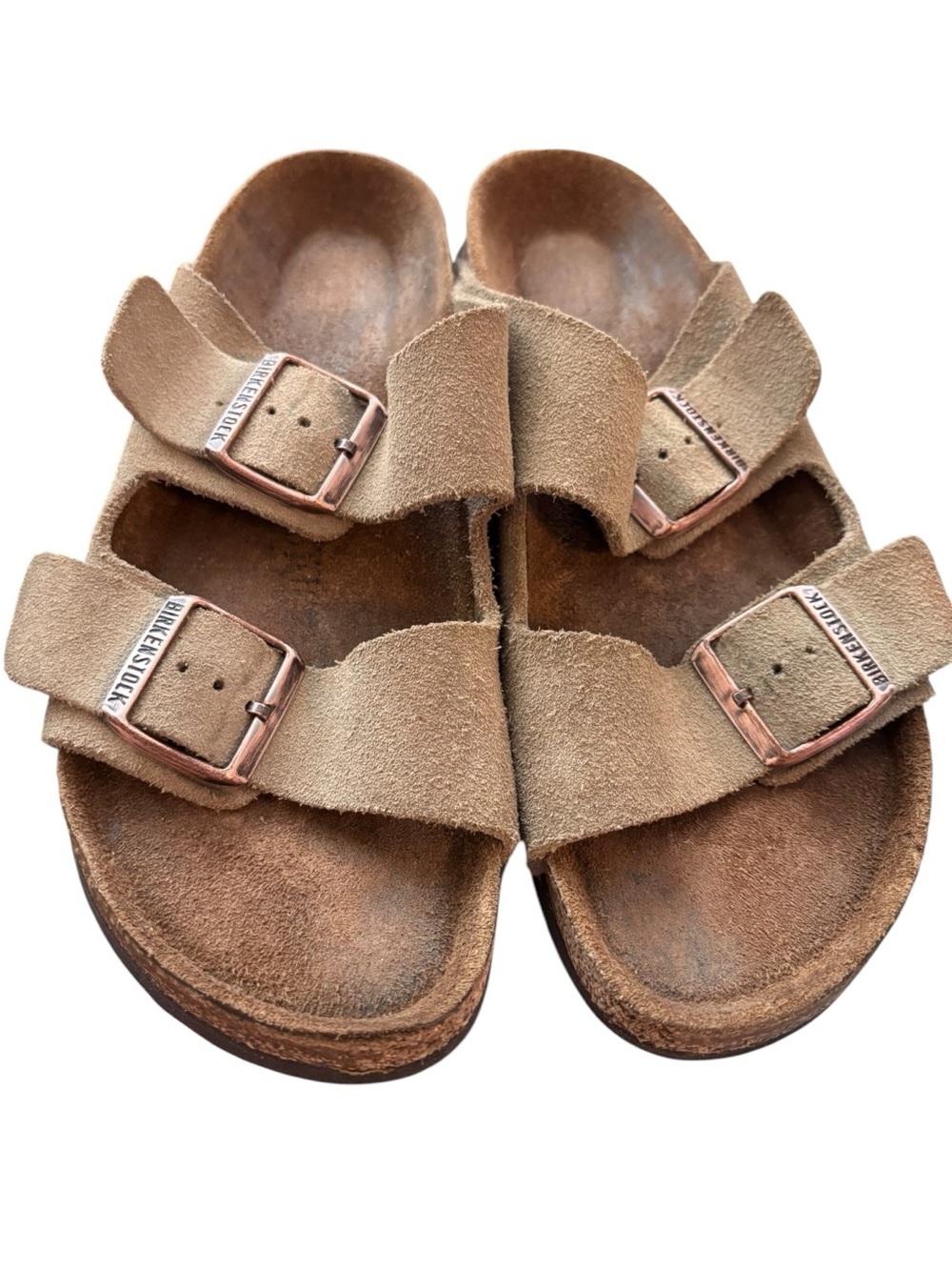 Birkenstock Arizona Taupe Suede Sandals Rose Gold Buckles EU 38